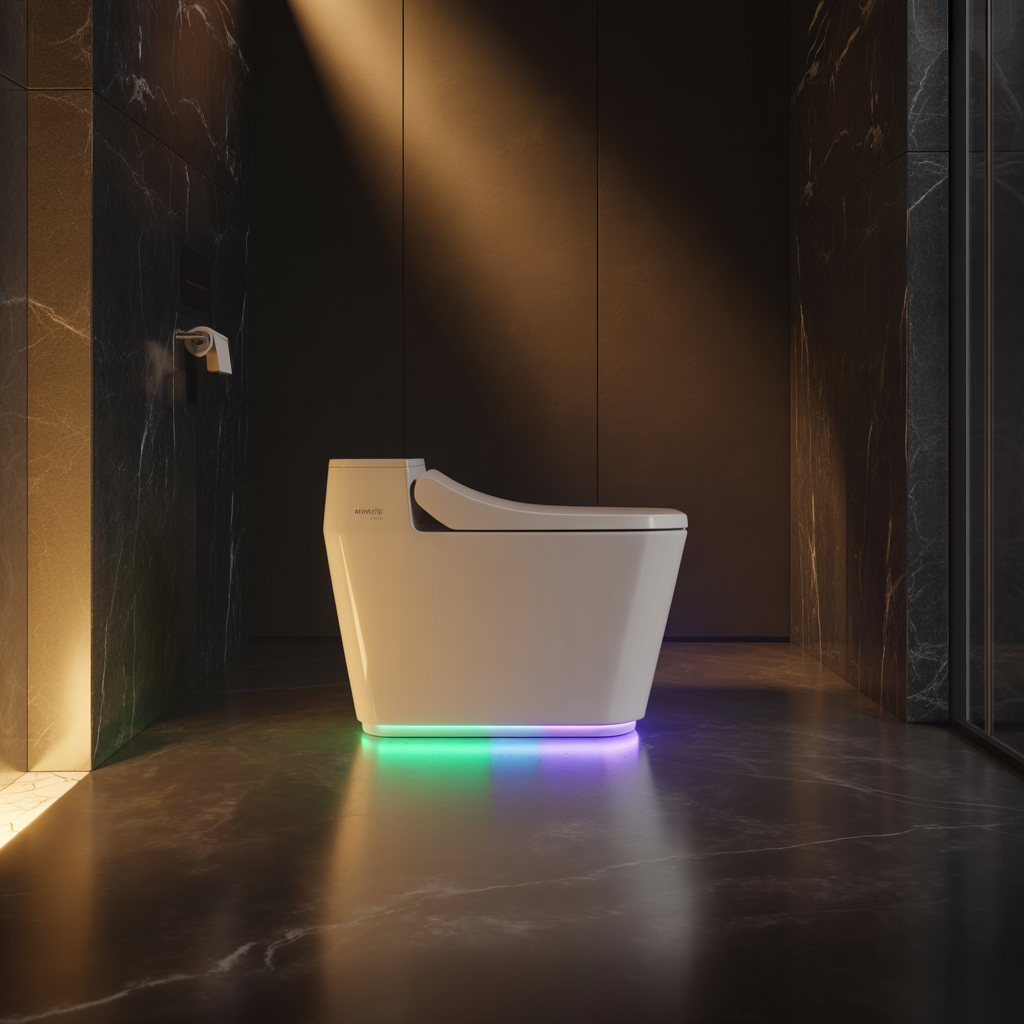 Keliss smart toilet with warm golden spotlight in dark marble bathroom