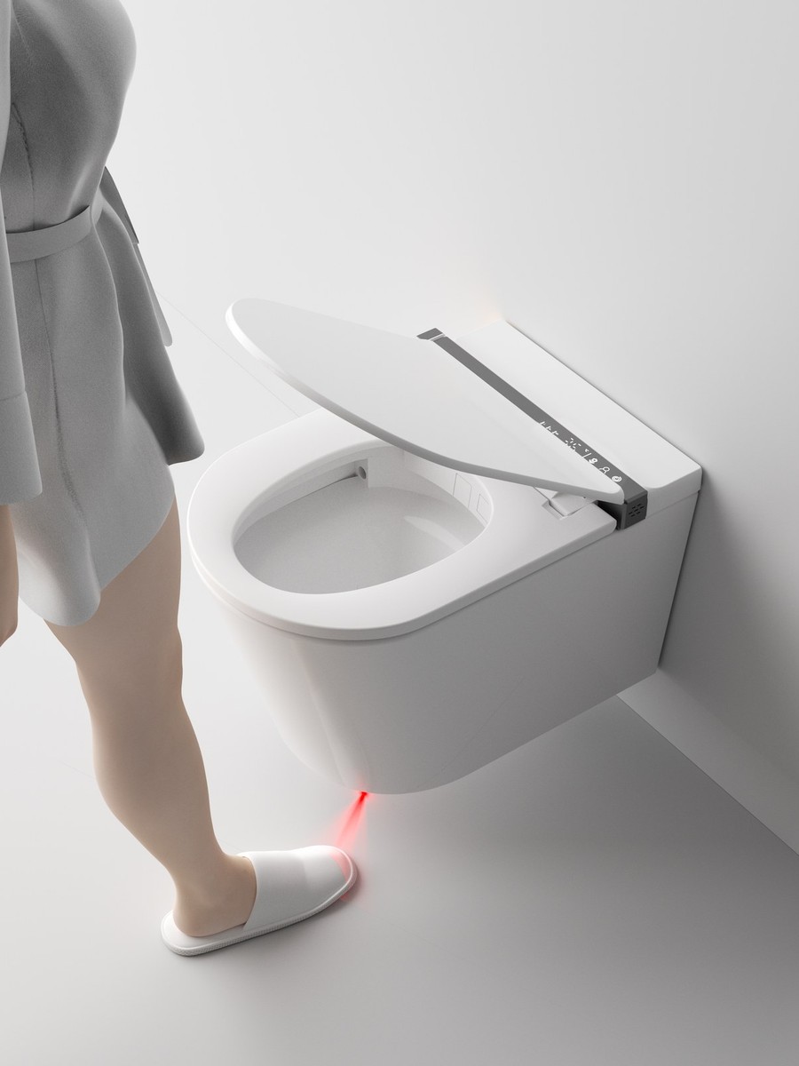Keliss Sanova S005F cutaway view showing laser foot sensor at base for hands-free automatic lid opening