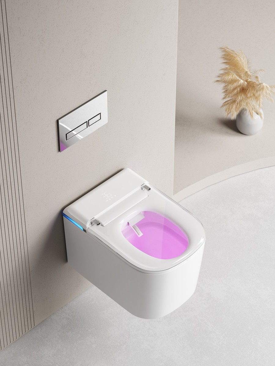 UV-C blue sterilisation light glowing inside the Keliss smart toilet bowl during automatic cleaning cycle