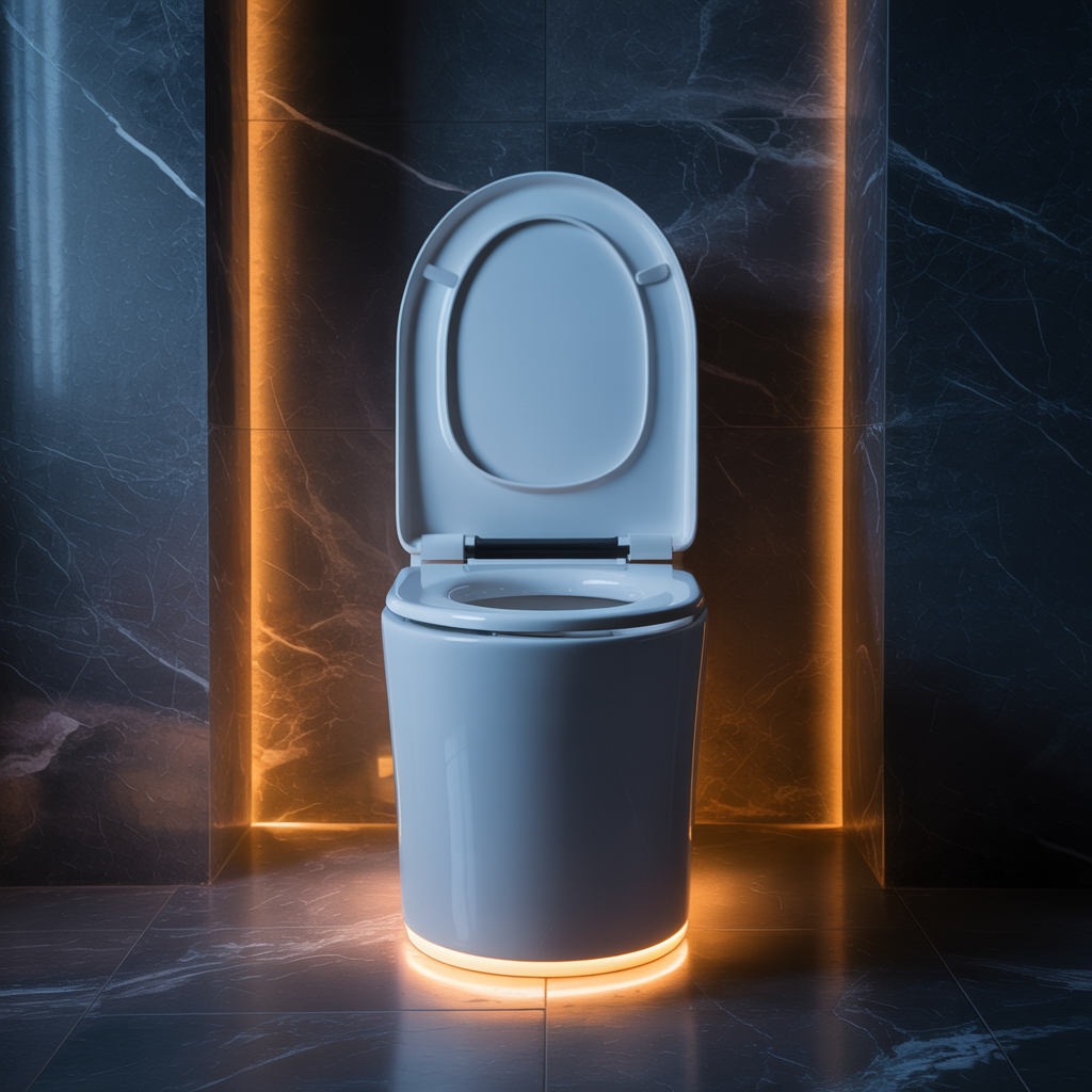 Keliss smart toilet with warm amber accent lighting in a dark marble luxury bathroom