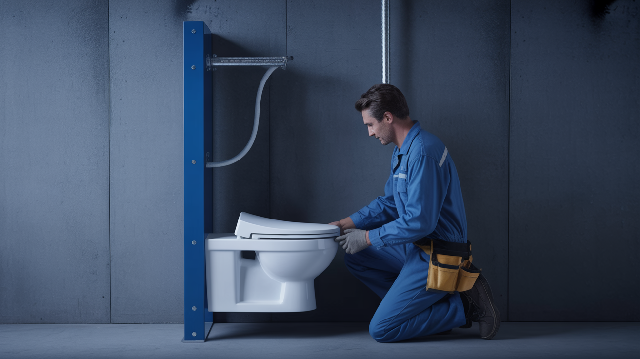 Professional installer mounting the Keliss Neowash Y3W on cobalt blue steel frame bracket